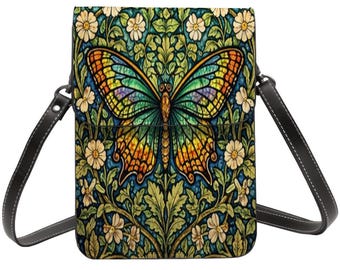 Stained Glass Butterfly Cell Phone Purse, Small Crossbody Phone Bag for Women, PU Leather Shoulder Bag, Nature Art Phone Wallet, Gift