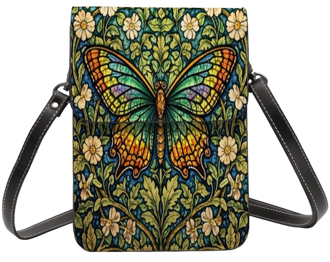 Stained Glass Butterfly Cell Phone Purse, Small Crossbody Phone Bag for Women, PU Leather Shoulder Bag, Nature Art Phone Wallet, Gift
