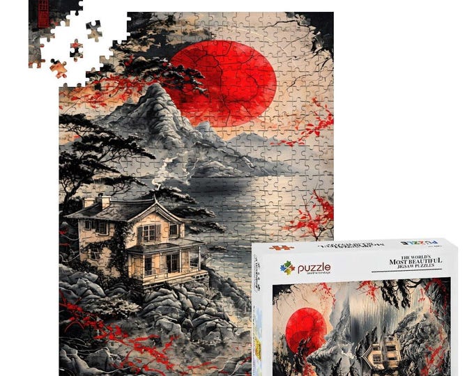 Seaside House Wooden Jigsaw Puzzle: Red Sun Lake View