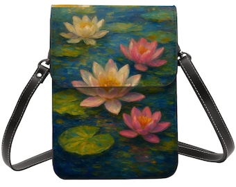 Lily Pads, Lotus, Bag, Leather Cell Phone Purse With Shoulder Strap, Pink & White Lotus Lily Pads, Adjustable Strap