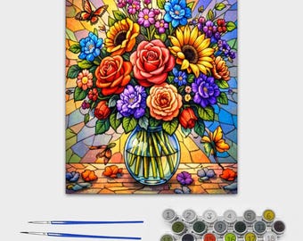 Floral Paint by Number Canvas – 16x20 Stained Glass Flower Painting Kit, Colorful Bouquet Wall Art, Relaxing Adult Craft, DIY Home Décor