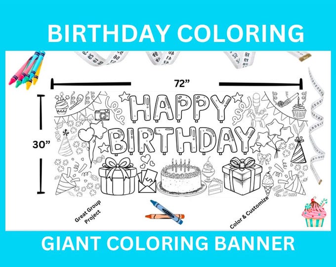 GIANT XXL Birthday Coloring Poster or Table Cover, Paper Birthday Tablecloth, Birthday Party,  30" x 72" inches, Gift, Poster,