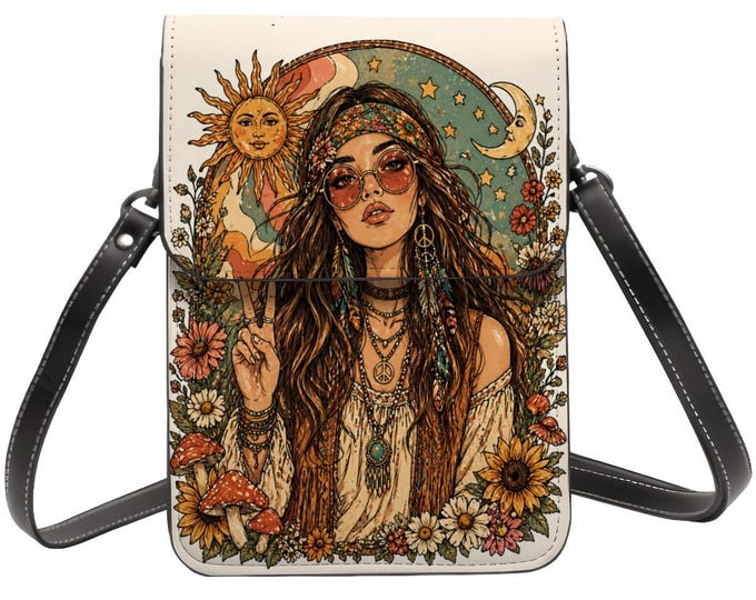 Boho Celestial Phone Purse, Hippie Sun Moon Crossbody Bag, PU Leather Wallet