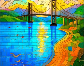 Mackinac Bridge Diamond Painting Kit: DIY Stained Glass Art (16x20, No Frame)
