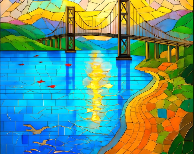Stained Glass, DIY Diamond Painting, Mackinaw Bridge, Diamond Art Craft Kit, Complete Set, Vibrant Bright Art, Landscape, Hand Poured Glue