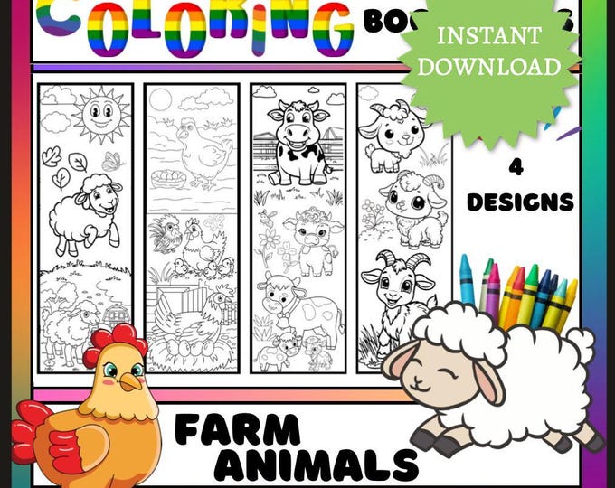 Farm Animals Coloring Bookmarks - Instant Download Fun Activity for Kids & Adults, Digital PDF, Printable Designs, Digital Color Page