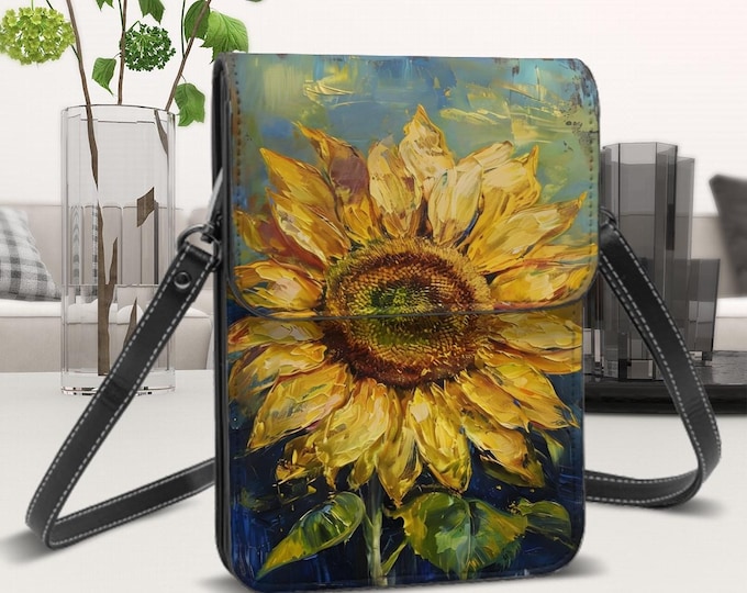 Sunflower Chunky Oil Painting Leather Cell Phone Purse with Shoulder Strap, Adjustable Removable Strap, Double-Sided Printing, Digital