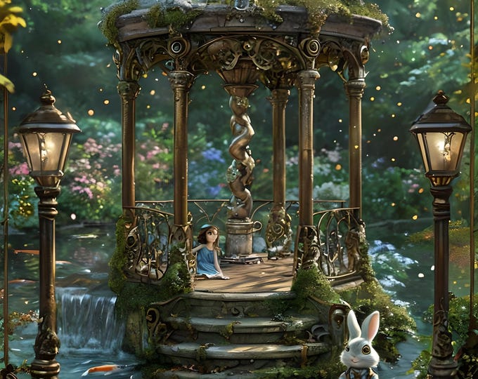 Following the Rabbit, DIY Diamond Painting, Girl with Rabbit in Waterfall Garden, Wonderland Fantasy World, Diamond Art Kit