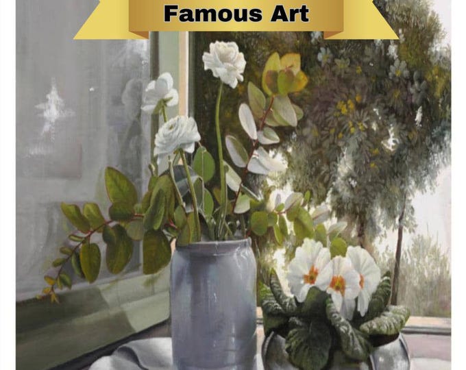 Framed or Frameless Paint by Numbers Kit with Stand, White Flowers, DIY, Guido Borelli Art Design, Vintage Antique Floral Window Art, PBN