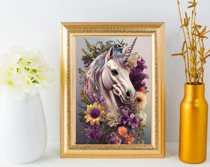 Whimsical Unicorn Fine Art Poster, Floral Wall Art, Magical Home Decor, Nursery Art, Gift for Unicorn Lovers