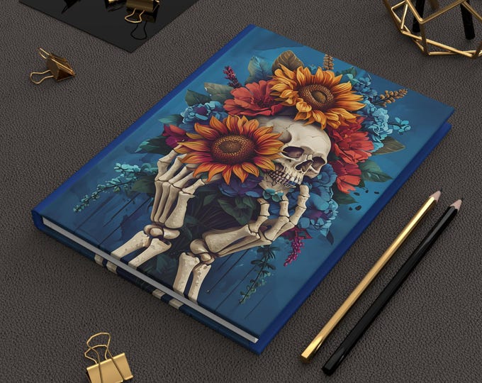 Hardcover Remembrance Journal with Bones and Sunflowers Design, Matte Finish, Nature Inspired, Bullet Journal, Gift for Writers