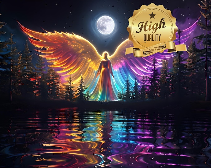 Angel in Forest Vibrant Diamond Painting Kit, Complete Craft, Spiritual Art, Colorful Rainbow art, Diamond Painting, Full Moon, Night Sky