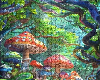 Mushrooms in the Forest, Magical Fantasy World, Jigsaw Puzzles 500 or 1000 pieces, unique design, High Quality, Precision Cut Wood Puzzle