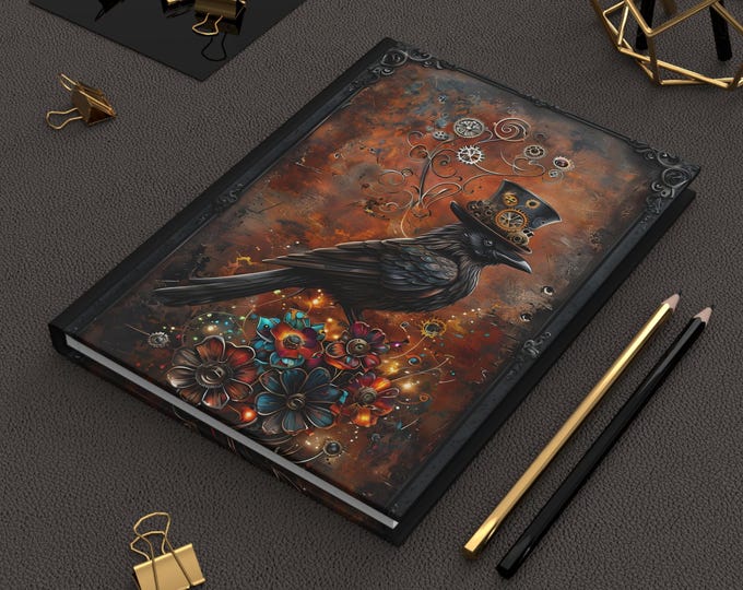Hardcover, Crow with Top Hat, Journal, Steampunk, Vibrant Mechanical Flowers, Gift for Writers, Unique Notebook, Vintage Sketchbook, Retro