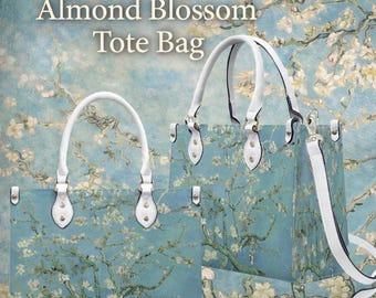 Van Gogh Almond Blossom Tote Bag, Blue Floral PU Leather Shoulder Purse