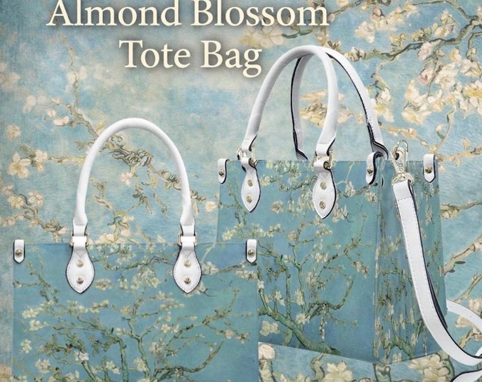 Van Gogh Almond Blossom Tote Bag, Blue Floral PU Leather Shoulder Purse