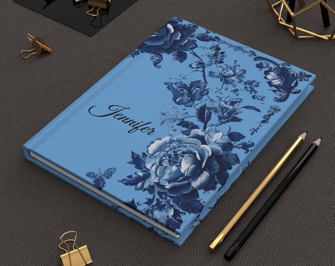 Blue Floral Hardcover Journal, Personalized Diary, Matte Notebook, Writing Journal, Gift for Writers, Blue Flower Journal