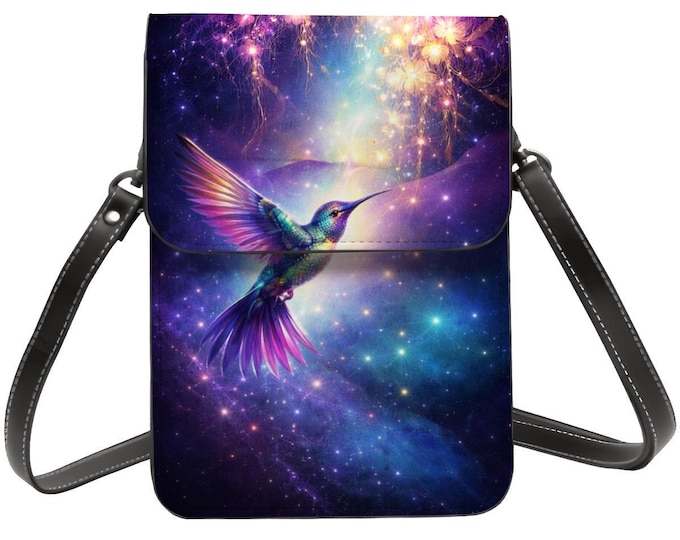 Hummingbird Cell Phone Purse Crossbody – Fantasy Galaxy Hummingbird Phone Bag, Adjustable Shoulder Strap, PU Leather Mini Purse