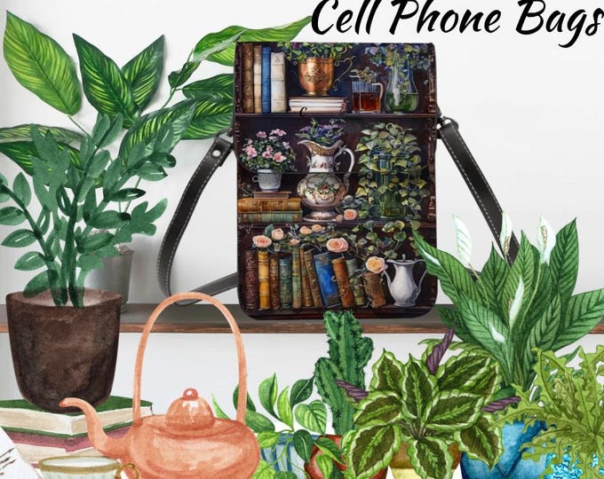 Bookshelf Art, Leather Cell Phone Purse With Shoulder Strap, Plants on Bookshelf, Unique Cottage Core Purse, Fits 2 Phones and More