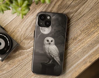 Tough Phone Cases, Snowy Owl Perched On Stone Pedestal Under Eerie Moonlight, Wildlife Animal Lover Gift, Protective Phone Cover, Owl Lover