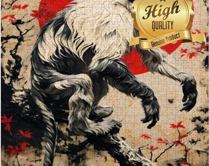 Vintage Monkey Wooden Puzzle – 500 or 1000 Pieces | Red Sun Asian Art Jigsaw | Wood UV Print Puzzle for Adults | Unique Wall Decor Puzzle