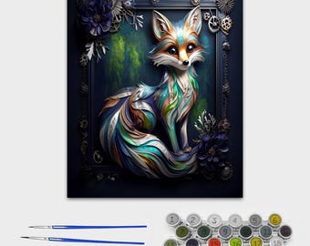 Fox Art Kit, Framed or Frameless Paint by Numbers Kit for Adults with Stand Fox steampunk Framed in Art Design, Green Smoke Background