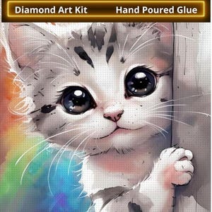 Colorful Diamond Painting Kit with Cute Gray Kitten and Rainbow Background - DIY Craft for Home Decor and Art Enthusiasts