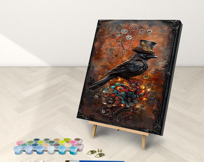 Steampunk Crow with Top Hat Framed Canvas, Paint by Numbers Kit