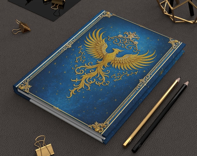 Golden Phoenix Illustration Hardcover Journal | Blue Ornate Mythical Notebook