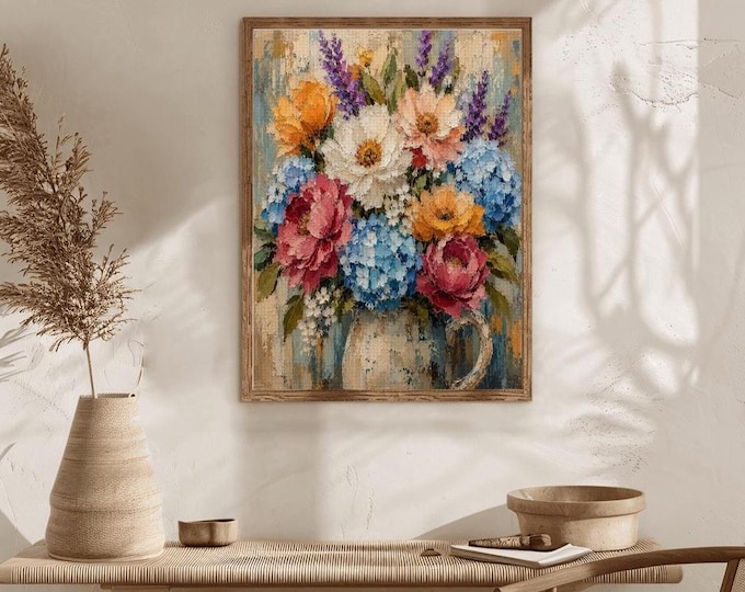 Floral Diamond Painting Kit, Flower Bouquet Diamond Art, Cottage Garden Flowers, DIY Diamond Painting, Colorful Floral Wall Decor Gift
