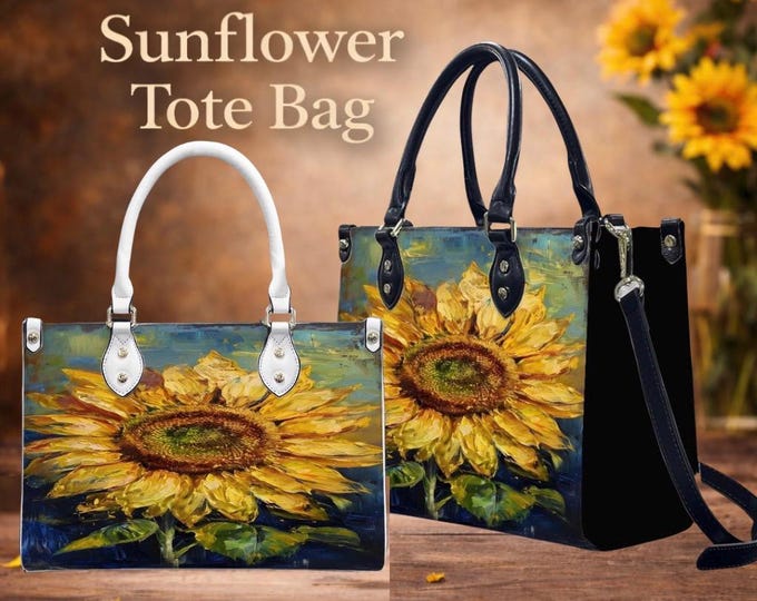 Sunflower Tote Bag, Painterly Floral Art PU Leather Shoulder Bag
