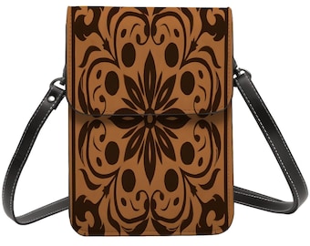 Brown Suede Cell Phone Purse: Mosaic Design, Adjustable Removable Strap