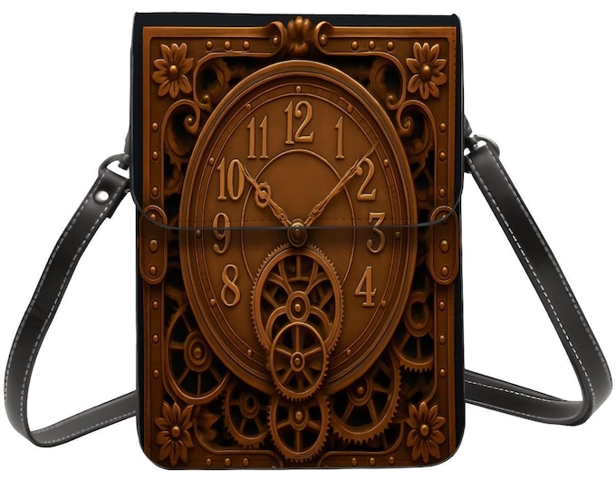 Steampunk Clockwork Leather Cell Phone Purse: Crossbody or Shoulder Bag, Adjustable Removable Strap