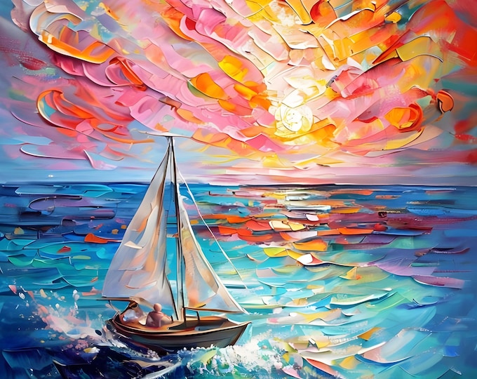 Diamond Painting, Sailboat in the Sea, DIY Diamond Painting with Frame, Framed Canvas, Large 20"x28" or 16”x20”, Diamond Art