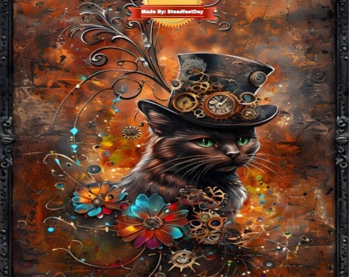 Steampunk Paint by Numbers Kit, Black Cat with Top Hat, Vibrant Flowers, Framed with Stand, Color by Number, DIY Craft, Adult Craft Supplies