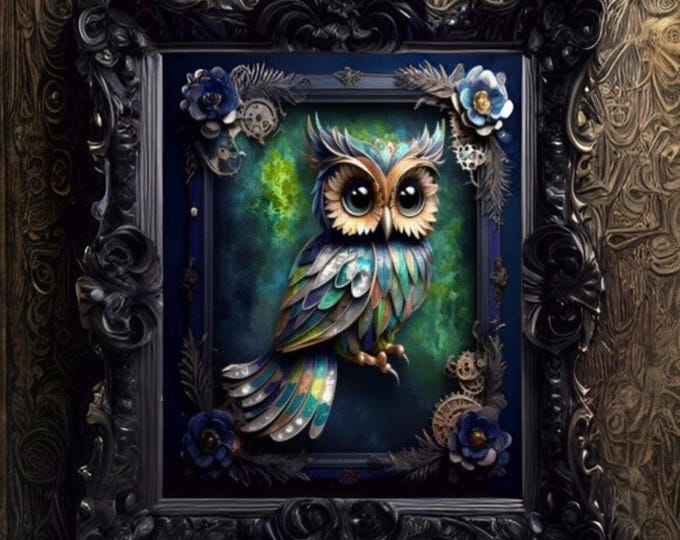 Steampunk Owl Diamond Painting DIY Kit: 12”x16” or 16”x20” Canvas Art