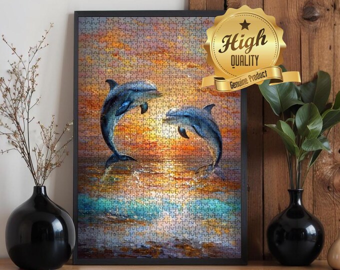 Dolphins Playing at Sunset, Wooden Jigsaw Puzzle - Precision Cut High Quality Nature Lover Inspired Puzzle, 500 or 1000 pieces, Family Time