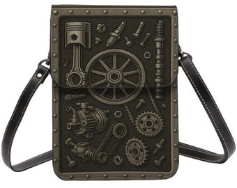 Car Parts, Bag, Leather Cell Phone Purse With Shoulder Strap, Car Parts, Gears, Adjustable Strap