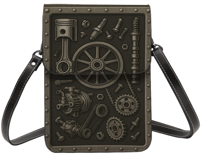 Steampunk Gear Leather Cell Phone Purse, Car Parts Crossbody Bag