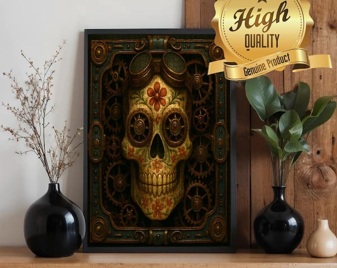 Steampunk Sugar Skull Jigsaw Puzzle, Gothic Wooden Art
