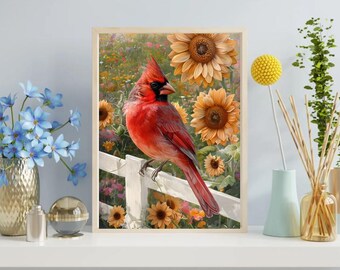 Vibrant Cardinal Art Print, Nature Wall Decor, Bird Poster, Sunflower Artwork, Floral Home Decor, Gift for Bird Lovers
