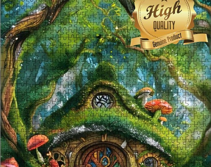 Hobbit House in the Woods, Wooden Jigsaw Puzzles 500 or 1000 Piece, Magical Fantasy Land in the Forest, Precision Cut Oak Wood, High Quality