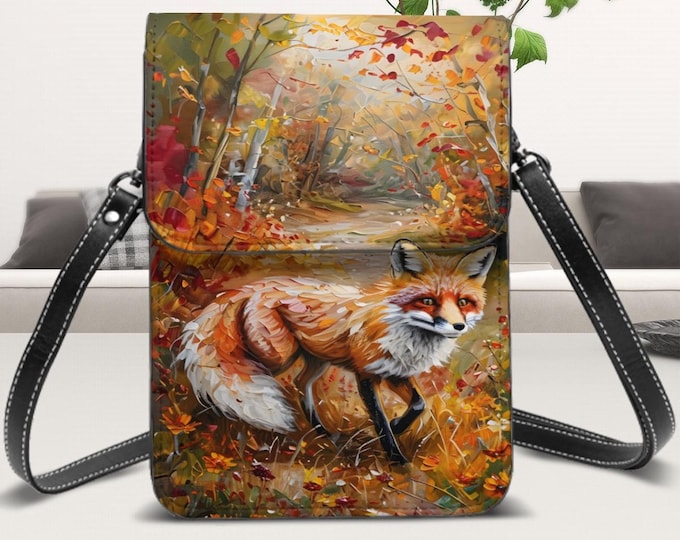 Fall Forest, Leather Cell Phone Purse With Shoulder Strap, Fox in the Woods, Nature Artwork, Original Designed Raccoon, Card Slots, Pockets