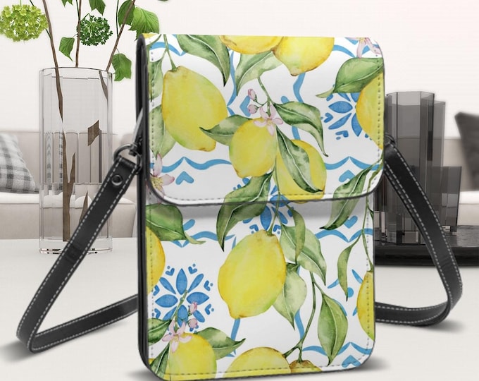 Chinoiserie Lemons Leather Cell Phone Purse with Adjustable Shoulder Strap & Magnetic Close