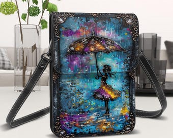 Steampunk Vibrant Girl in the Rain, Leather Cell Phone Purse With Shoulder or Crossbody Adjustable Strap, Handbag