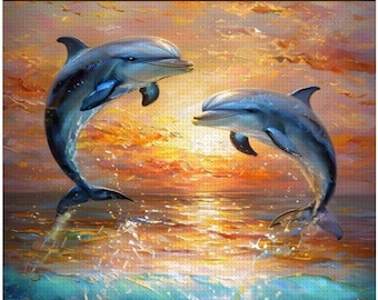 Diamond Painting Kit – Dolphins in the Ocean at Sunset | DIY Diamond Art | 16x20 or 20x28 | Full Drill | Relaxing Craft
