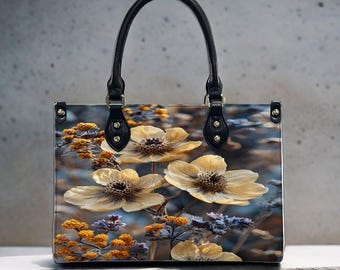 Wildflower Leather Handbag, Floral Art Tote Bag, PU Leather Crossbody Purse, Nature Inspired Handbag, Women’s Floral Tote