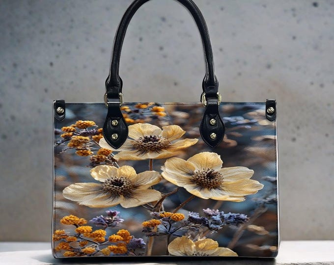 Wildflower Leather Handbag, Floral Art Tote Bag, PU Leather Crossbody Purse, Nature Inspired Handbag, Women’s Floral Tote