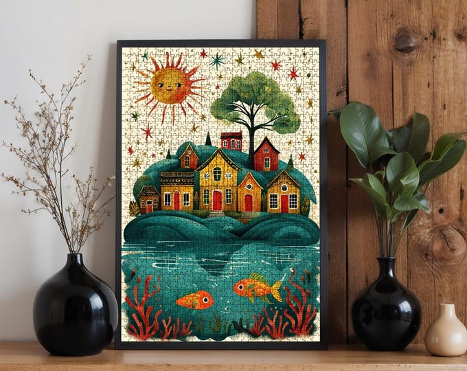 Whimsical Island Village Wooden Jigsaw Puzzle: Family DIY Craft
