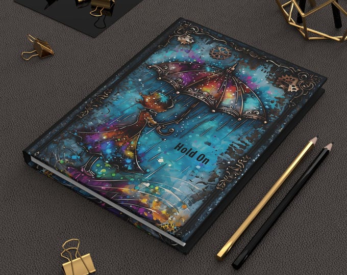 Hardcover, Hold On, Journal Matte, Steampunk Mechanical Design, Girl with Umbrella, Vibrant, Diary Notebook Sketchbook Planner Gift, Bullet